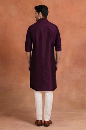 Shop_Raghavendra Rathore Jodhpur_Wine Dupion Pintuck Straight Kurta _at_Aza_Fashions