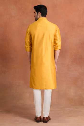 Shop_Raghavendra Rathore Jodhpur_Mustard Silk Amber Kurta _at_Aza_Fashions