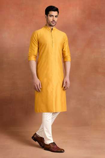 Raghavendra Rathore Jodhpur_Mustard Silk Amber Kurta _Online_at_Aza_Fashions