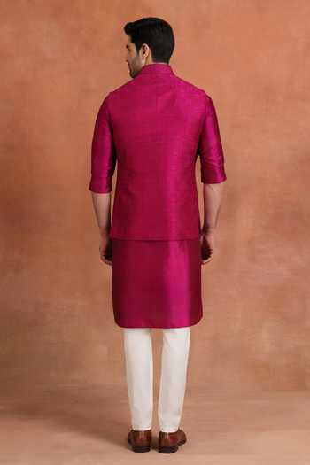 Shop_Raghavendra Rathore Jodhpur_Fuchsia Silk Luminaire Nehru Jacket _at_Aza_Fashions