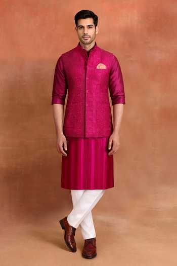 Buy_Raghavendra Rathore Jodhpur_Fuchsia Silk Luminaire Nehru Jacket _Online_at_Aza_Fashions