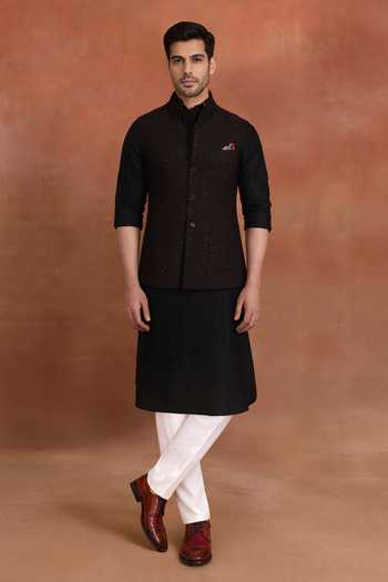 Shop_Raghavendra Rathore Jodhpur_Black Cotton Tonal Embroidered Nehru Jacket _at_Aza_Fashions
