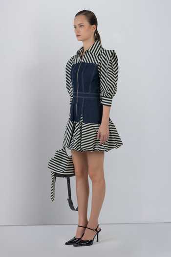 Buy_LEH STUDIOS_Blue Cotton Collared Neck Mer Stripe Pattern Dress _Online_at_Aza_Fashions