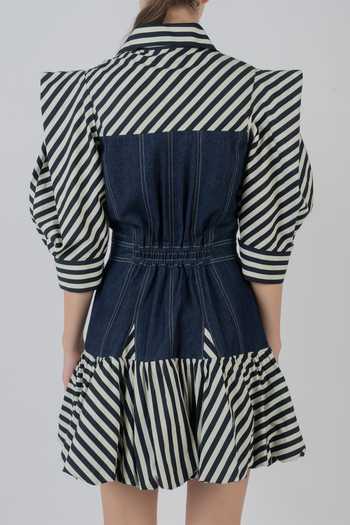 Shop_LEH STUDIOS_Blue Cotton Collared Neck Mer Stripe Pattern Dress _Online_at_Aza_Fashions