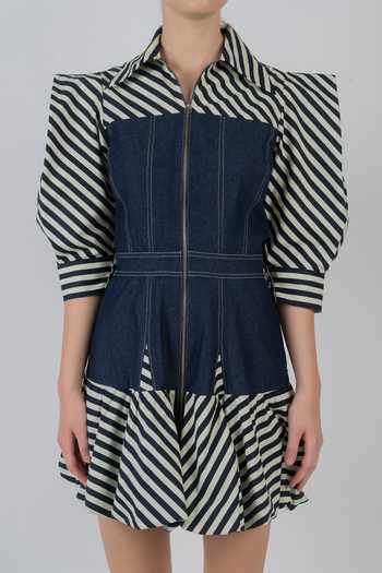 LEH STUDIOS_Blue Cotton Collared Neck Mer Stripe Pattern Dress _at_Aza_Fashions