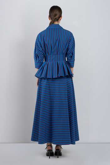 Shop_LEH STUDIOS_Blue Cotton Collared Neck Ame Stripe Print Dress _at_Aza_Fashions