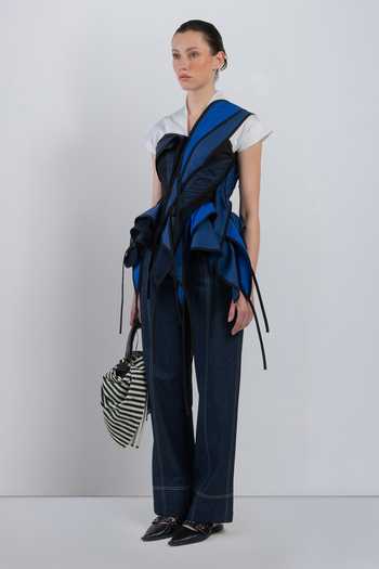 Shop_LEH STUDIOS_Blue Cotton Mandarin Collar Flots Layered Top _Online_at_Aza_Fashions