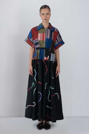Buy_LEH STUDIOS_Black Cotton Collared Neck Sugo Abstract Pattern Dress _at_Aza_Fashions