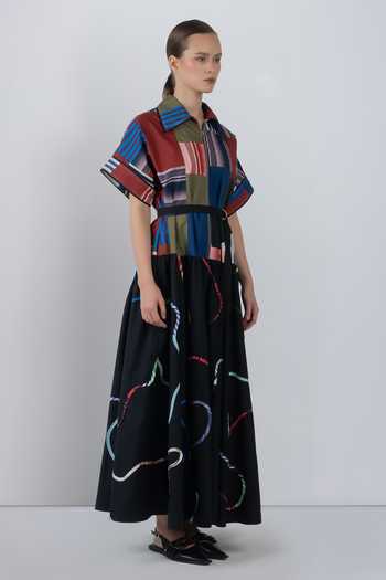 Shop_LEH STUDIOS_Black Cotton Collared Neck Sugo Abstract Pattern Dress _Online_at_Aza_Fashions