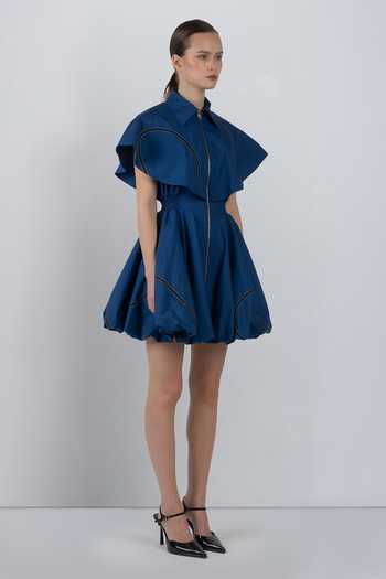 Buy_LEH STUDIOS_Blue Cotton Collared Neck Capri Bubble Hem Dress _Online_at_Aza_Fashions
