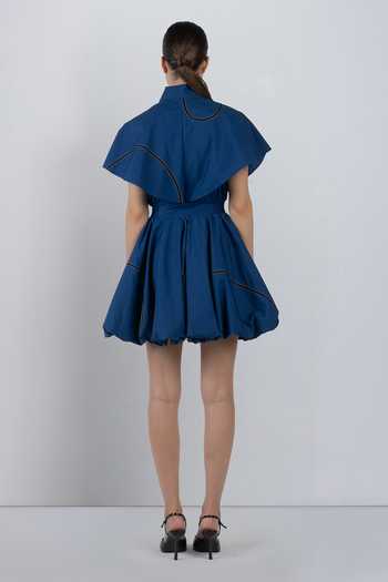 Shop_LEH STUDIOS_Blue Cotton Collared Neck Capri Bubble Hem Dress _at_Aza_Fashions