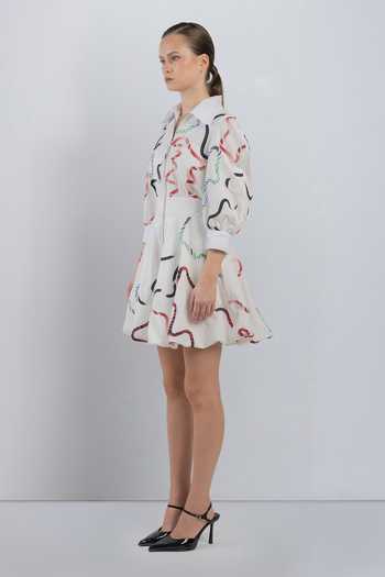 LEH STUDIOS_White Cotton Collared Neck Bandes Bubble Hem Dress _Online_at_Aza_Fashions