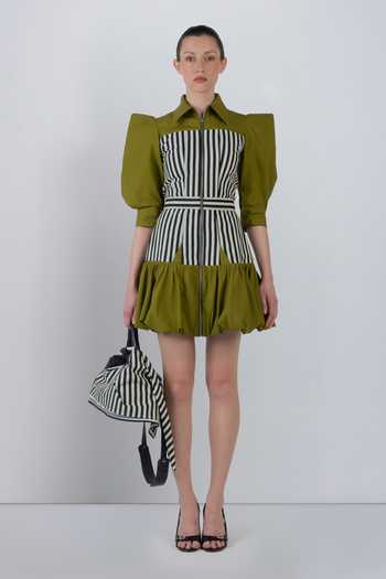 Buy_LEH STUDIOS_Black Cotton Collared Neck Mer Contrast Stripe Panel Dress _Online_at_Aza_Fashions