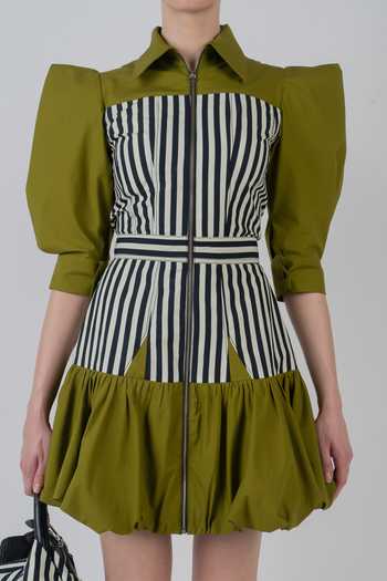 LEH STUDIOS_Black Cotton Collared Neck Mer Contrast Stripe Panel Dress _at_Aza_Fashions