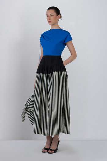 Buy_LEH STUDIOS_Black Cotton Asymmetric Neck Zelda Stripe Print Dress _at_Aza_Fashions