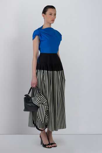 LEH STUDIOS_Black Cotton Asymmetric Neck Zelda Stripe Print Dress _at_Aza_Fashions