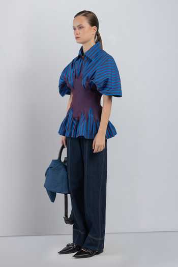 LEH STUDIOS_Blue Cotton Collared Neck Zora Stripe Print Top _at_Aza_Fashions