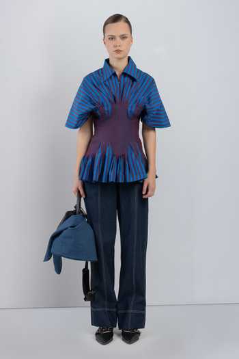 Buy_LEH STUDIOS_Blue Cotton Collared Neck Zora Stripe Print Top _at_Aza_Fashions