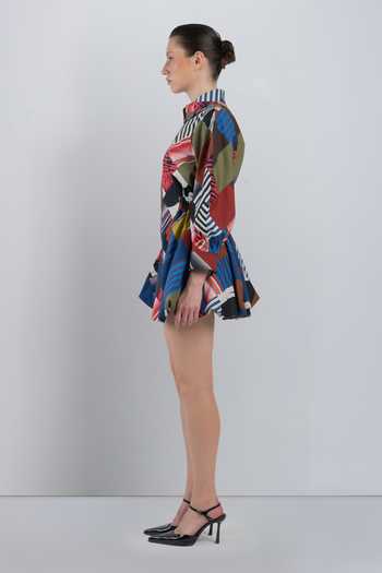 LEH STUDIOS_Multi Color Cotton Collared Neck Mosaic Bubble Hem Dress _Online_at_Aza_Fashions