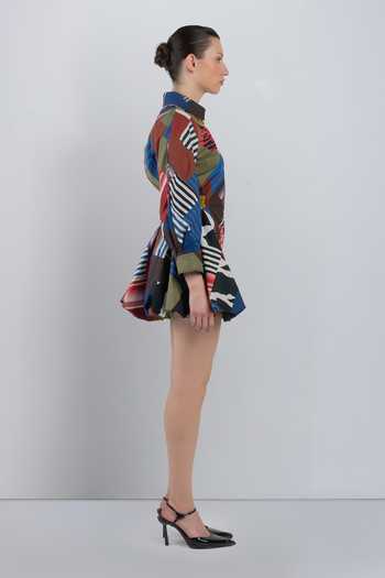 Buy_LEH STUDIOS_Multi Color Cotton Collared Neck Mosaic Bubble Hem Dress _Online_at_Aza_Fashions