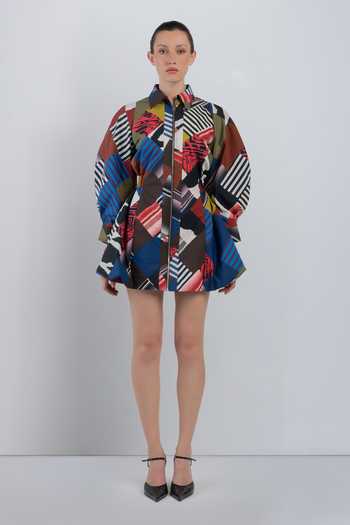 Shop_LEH STUDIOS_Multi Color Cotton Collared Neck Mosaic Bubble Hem Dress _Online_at_Aza_Fashions