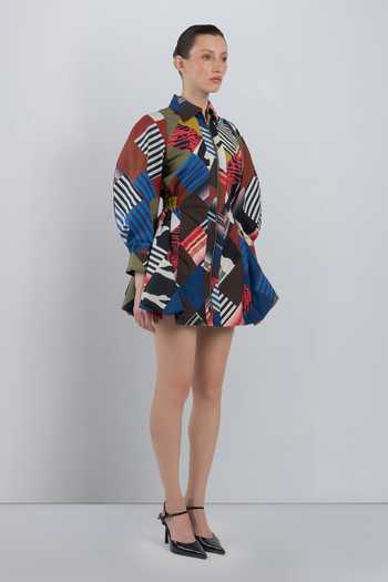 LEH STUDIOS_Multi Color Cotton Collared Neck Mosaic Bubble Hem Dress _at_Aza_Fashions