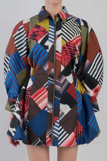 Shop_LEH STUDIOS_Multi Color Cotton Collared Neck Mosaic Bubble Hem Dress 
