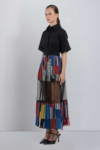 Buy_LEH STUDIOS_Black Cotton Collared Neck Bloc Mosaic Print Dress _Online_at_Aza_Fashions