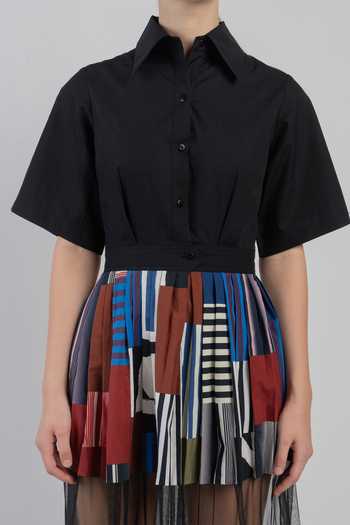 LEH STUDIOS_Black Cotton Collared Neck Bloc Mosaic Print Dress _at_Aza_Fashions