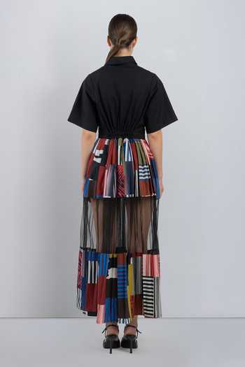 Shop_LEH STUDIOS_Black Cotton Collared Neck Bloc Mosaic Print Dress _at_Aza_Fashions