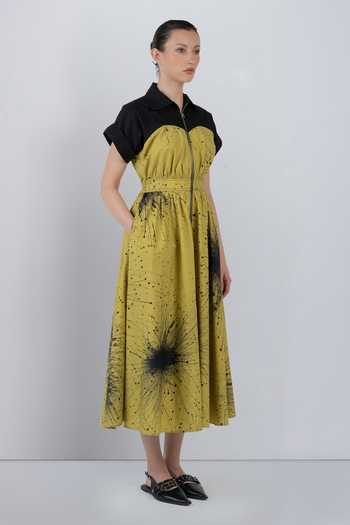 Buy_LEH STUDIOS_Black Cotton Sweetheart Neck Cup Zipper Printed Dress _Online_at_Aza_Fashions