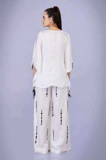 Shop_Dilnaz_Ivory Linen Bead Placement Embroidered Trouser _at_Aza_Fashions