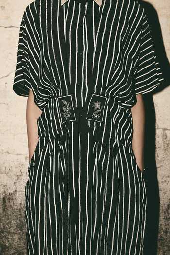 Buy_Atbw_Black Silk Satin Collared Neck Stripe Print Dress _Online_at_Aza_Fashions