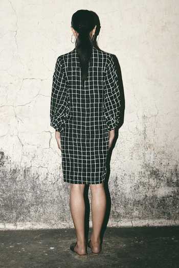 Shop_Atbw_Black Silk Satin Split V-neck Grid Print Dress _at_Aza_Fashions