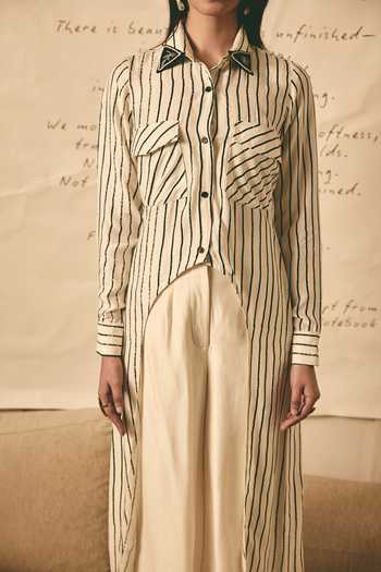 Buy_Atbw_White Silk Satin Button-down Neck Stripe Print Long Asymmetric Shirt 