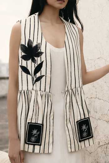 Shop_Atbw_White Silk Satin Open Neck Notebook Striped Jacket _at_Aza_Fashions