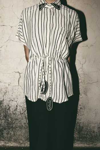 Atbw_White Silk Satin Mandarin Collar Striped Tie Up Shirt _Online_at_Aza_Fashions