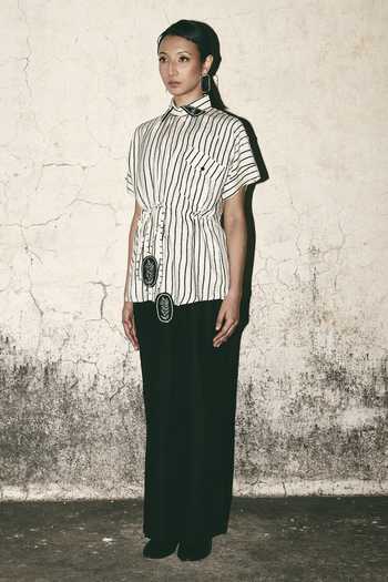 Buy_Atbw_White Silk Satin Mandarin Collar Striped Tie Up Shirt _Online_at_Aza_Fashions