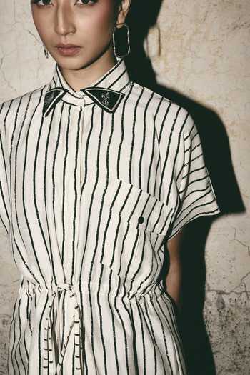 Buy_Atbw_White Silk Satin Mandarin Collar Striped Tie Up Shirt 