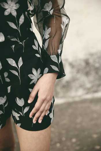 Atbw_Black Silk Organza Button-down Neck Foral Pattern Shirt _Online_at_Aza_Fashions