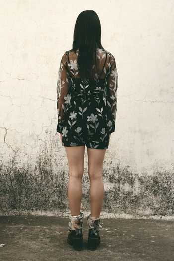 Shop_Atbw_Black Silk Organza Button-down Neck Foral Pattern Shirt _at_Aza_Fashions