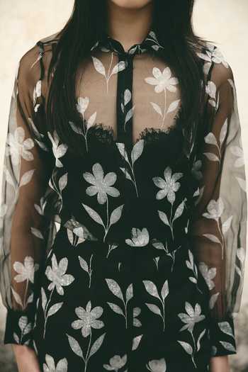 Atbw_Black Silk Organza Button-down Neck Foral Pattern Shirt _at_Aza_Fashions