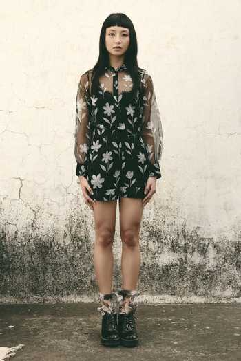 Buy_Atbw_Black Silk Organza Button-down Neck Foral Pattern Shirt 