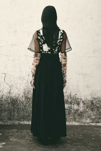 Shop_Atbw_Black Silk Satin Bookmark Pleated Skirt _at_Aza_Fashions