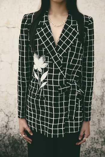 Shop_Atbw_Black Silk Satin V-neck Floral And Grid Print Blazer _Online_at_Aza_Fashions