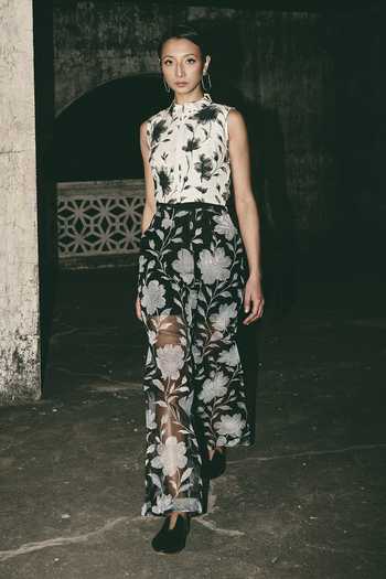 Buy_Atbw_Black Silk Organza Floral Semi Sheer Pant _at_Aza_Fashions
