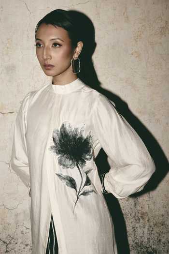 Buy_Atbw_White Silk Satin High Neck Bloom Hand Drawn Floral Top _Online_at_Aza_Fashions