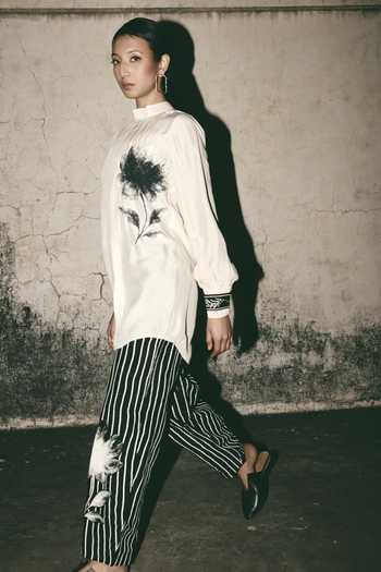 Atbw_Black Silk Satin Bloom Barrel Striped Pant _Online_at_Aza_Fashions