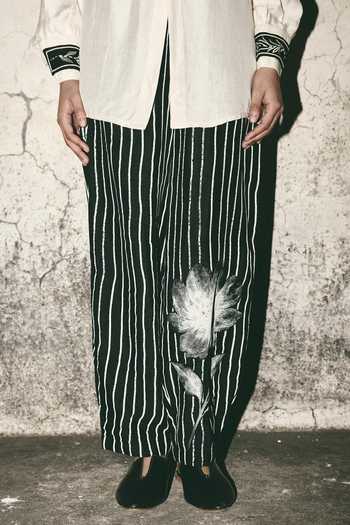 Atbw_Black Silk Satin Bloom Barrel Striped Pant _at_Aza_Fashions