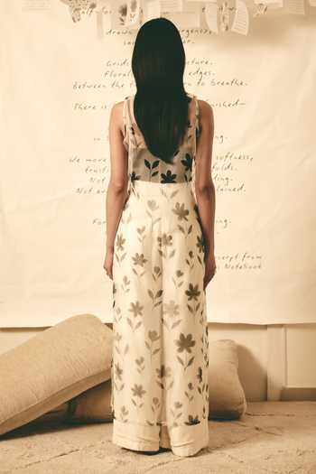 Shop_Atbw_White Silk Satin Button-down Neck Floral Pattern Sheer Dress _at_Aza_Fashions